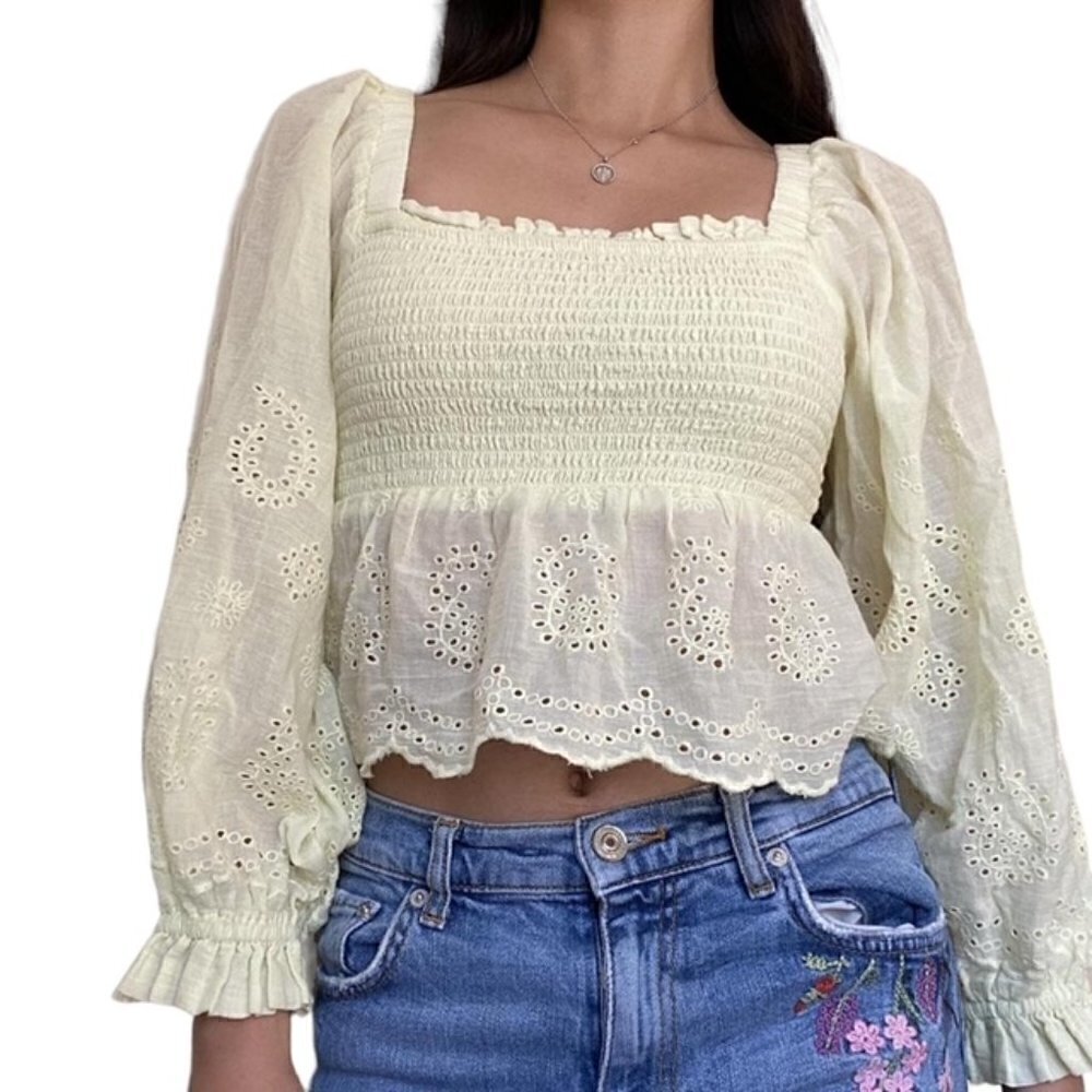 AMERICAN EAGLE Smocked Eyelet Embroidered Balloon Sleeve Top, Size Large - NWT